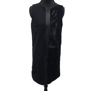 Theory Elso Mobile Shift Dress Womens 6 Black Leather Calf Hair Trim Sleeveless